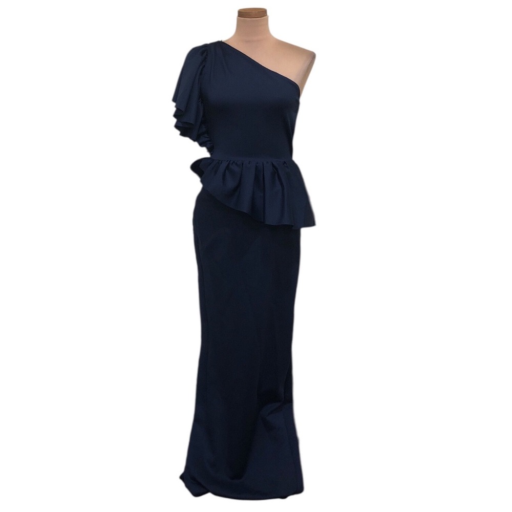 NWT Black Halo Noble Formal Maxi Dress Size 0 Navy Blue Ruffle One Shoulder Gown